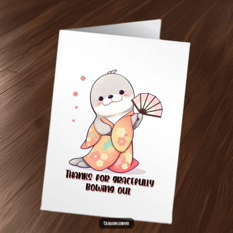 Free Printable Thank You Card: Sea lion wearing a vibrant kimono bows politely, twirling a fan