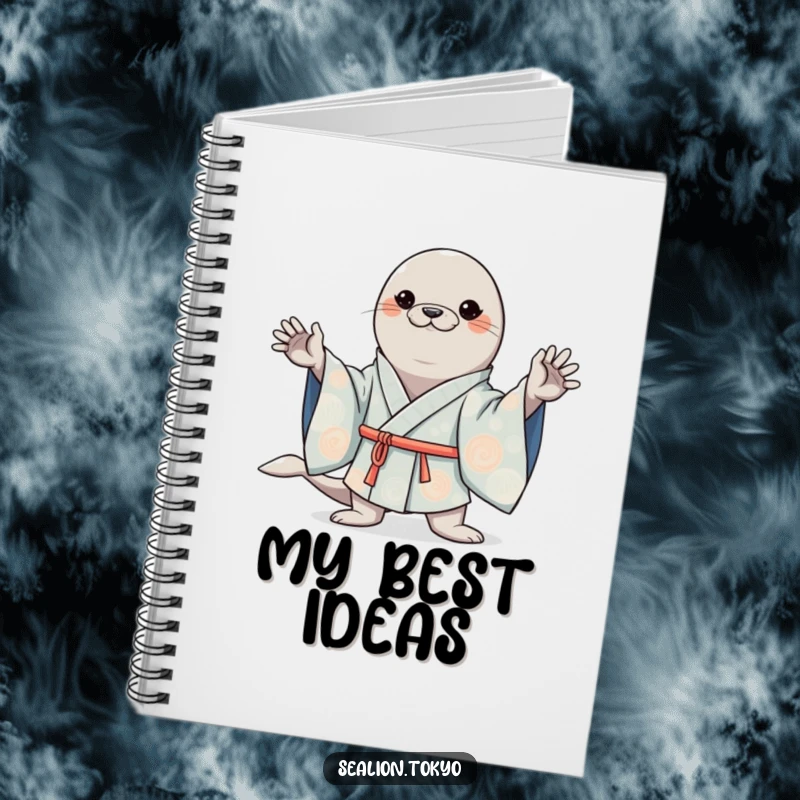 Funny notebook adorned with a kawaii sea lion striking a confident pose in a wide-sleeved kimono, inspiring cute writing.