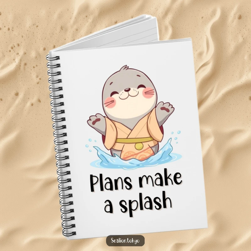 Funny sealion notebook featuring a cheerful kimono-clad animal playfully splashing water with its paws, perfect for capturing fun ideas.