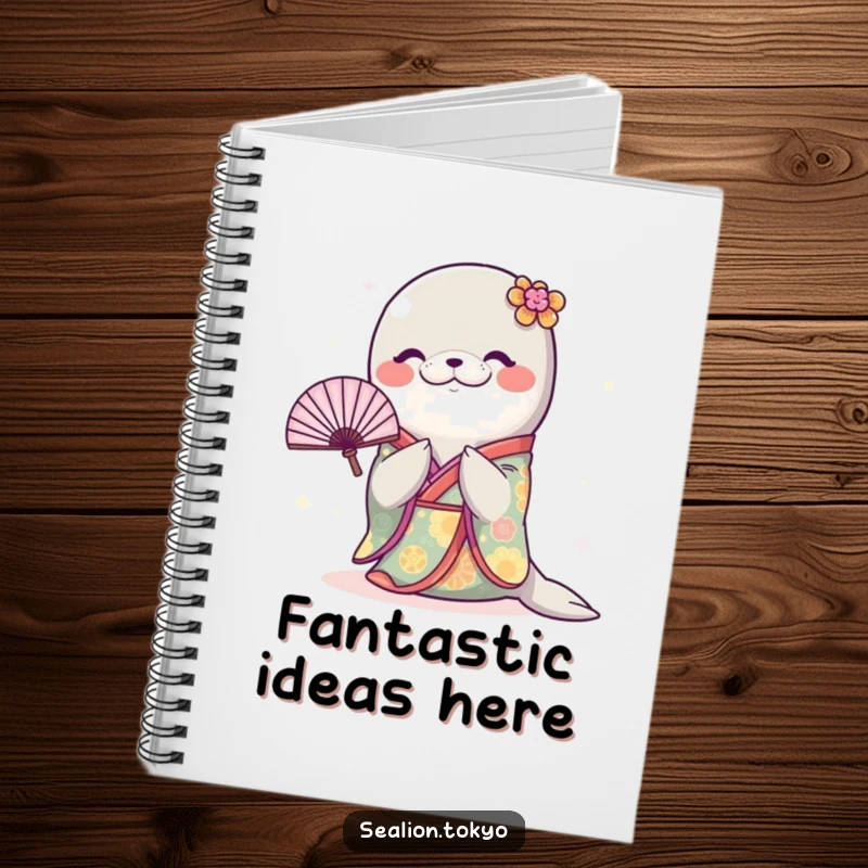 Funny Sealion Notebook: A sealion in a kimono bows with a fan, ideal for jotting down notes with a humorous touch.