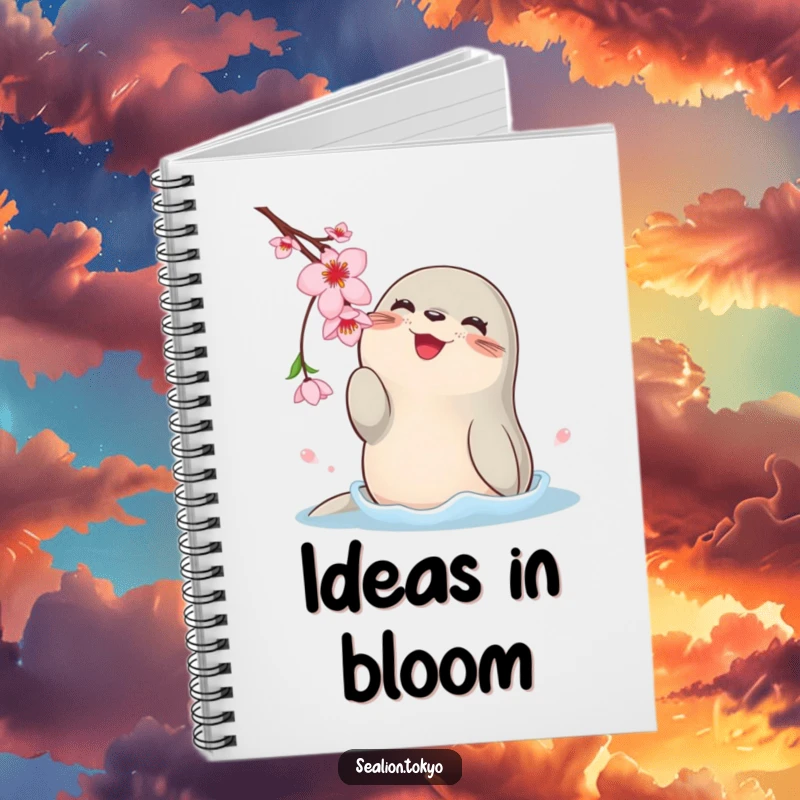 Funny notebook adorned with a happy, round sea lion playfully batting at a dangling cherry blossom, inspiring creativity.
