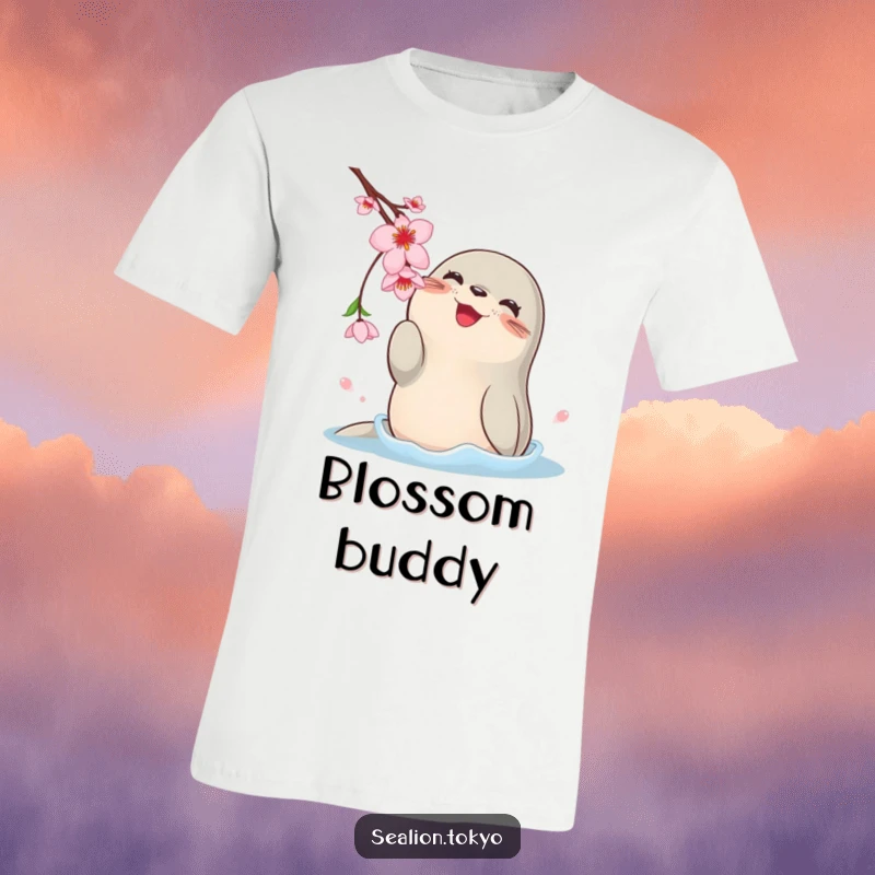 Funny t-shirt of a joyful, rotund sea lion using its flippers to playfully bat at a beautiful, dangling cherry blossom.