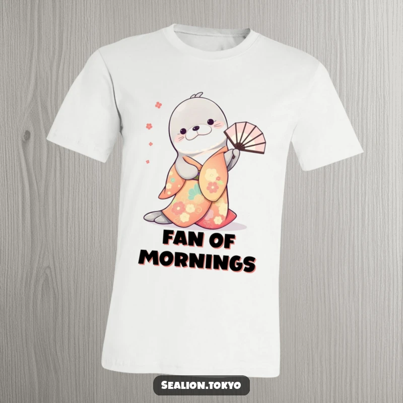 Funny t-shirt featuring a sea lion in an ornate kimono, executing a polite bow with a gracefully twirling fan.