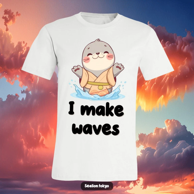 Funny sealion t-shirt featuring a cheerful kimono-clad animal playfully splashing water with its paws, exuding happiness.