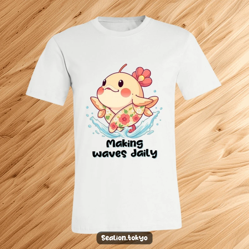 Funny plump seafish in a floral robe splashing water joyfully, printed on a t-shirt, celebrating water fun.