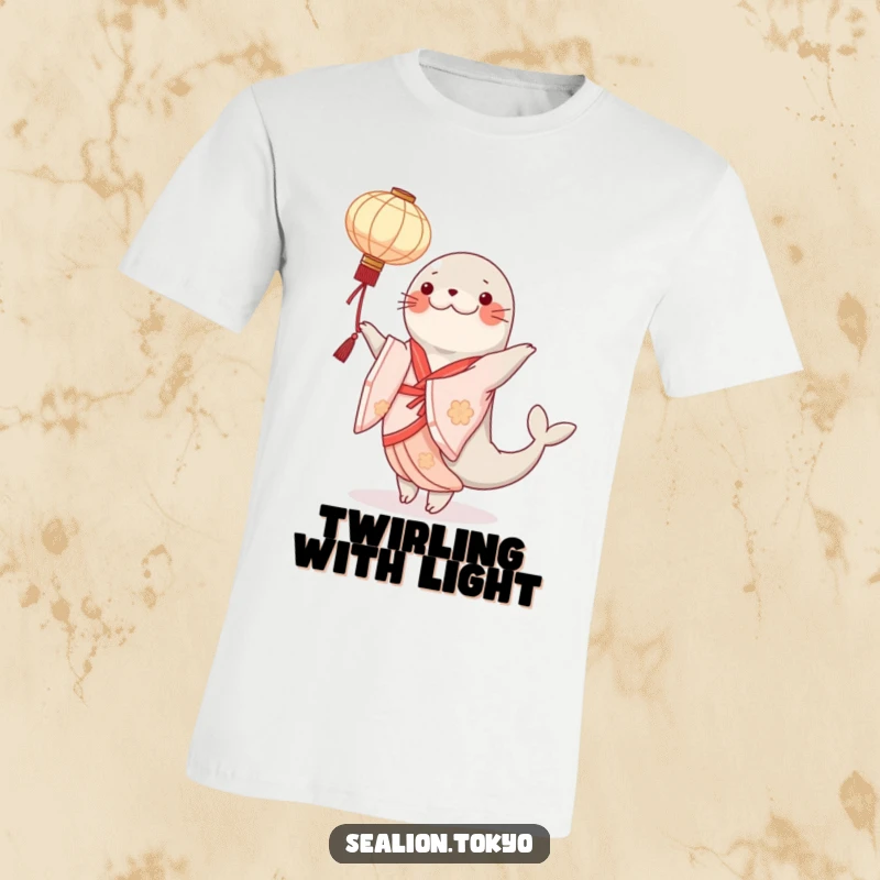 Funny sealion t-shirt featuring an elegant kimono-clad dancer gracefully twirling a paper lantern, embodying fluid motion.