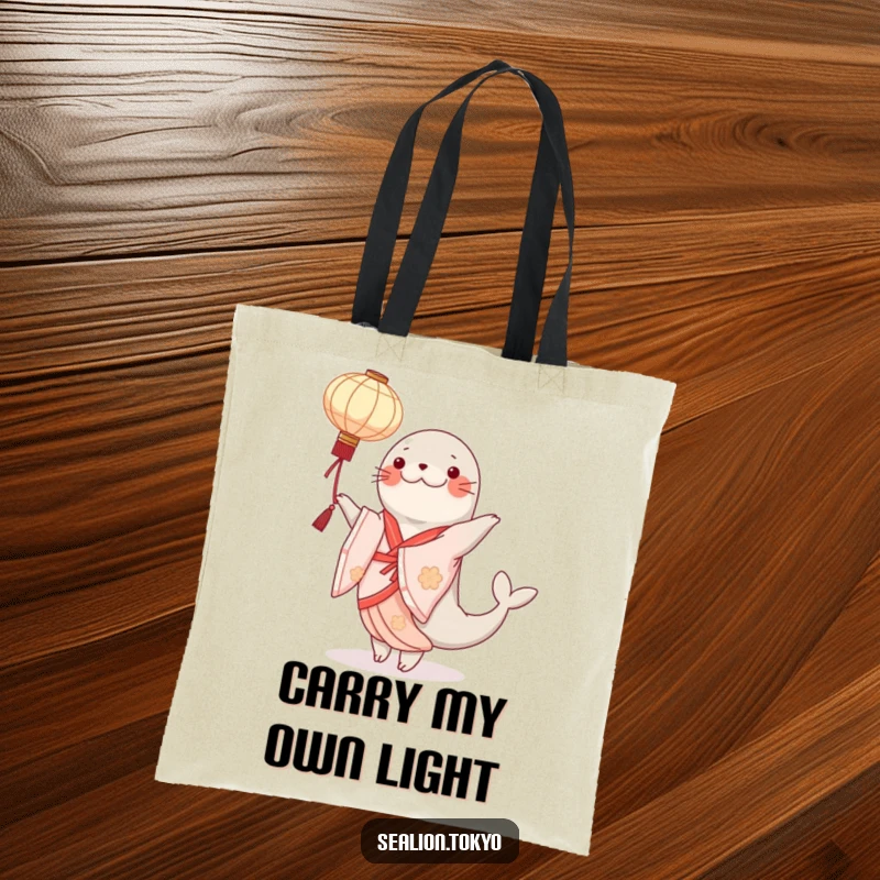 Funny sealion tote bag featuring an elegant kimono-clad dancer gracefully twirling a paper lantern, a stylish and artistic accessory.