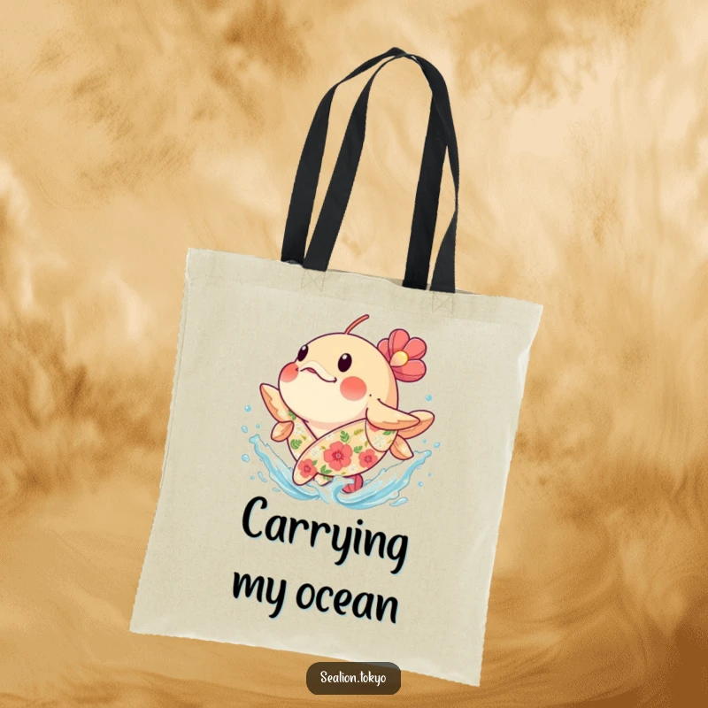 Funny plump seafish in a floral robe splashing water, on a durable tote bag, for carrying items with aquatic humor.